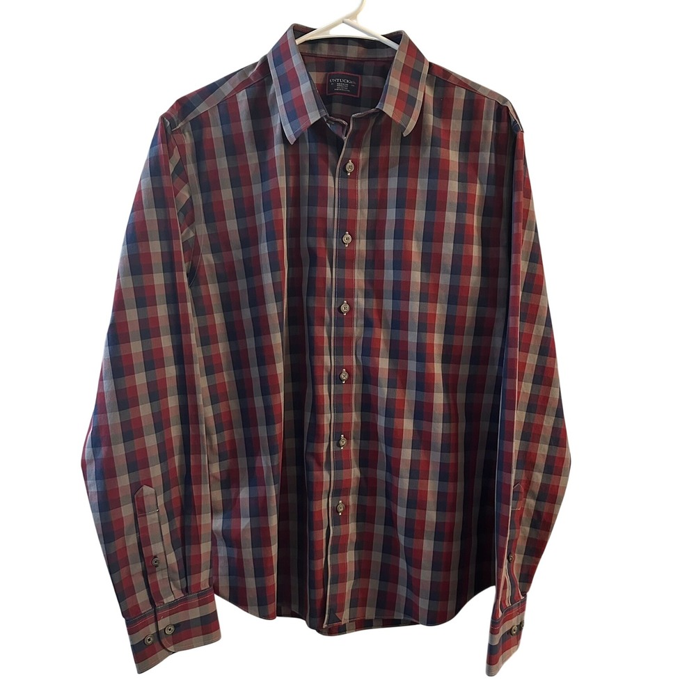 UNTUCKit Pomerol WF Men's Medium Red Blue Check Wrinkle Free Shirt 35662 Regular